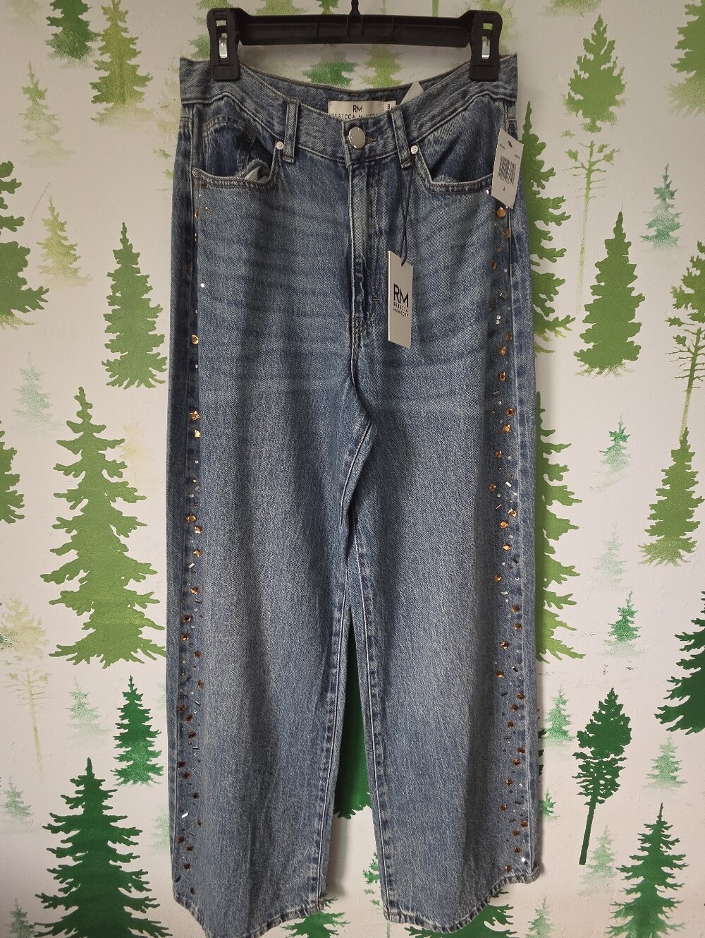 Rebecca Minkoff Rhinestone Bridget Straight Wide Leg Jeans